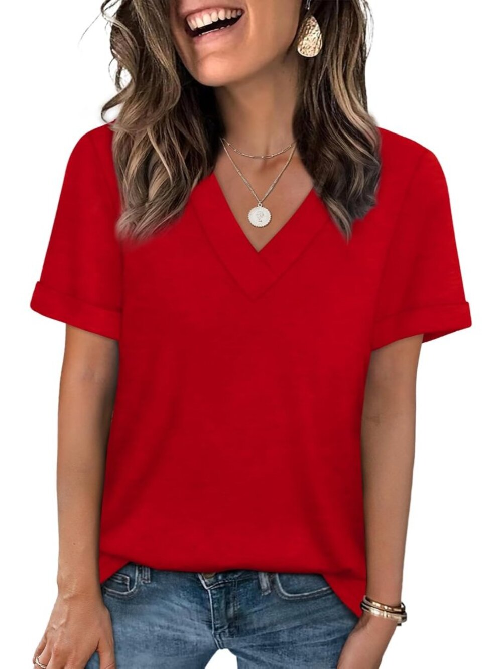 🆕Women's Red Summer Tops Short Sleeve Basic Casual V Neck T Shirts Trendy